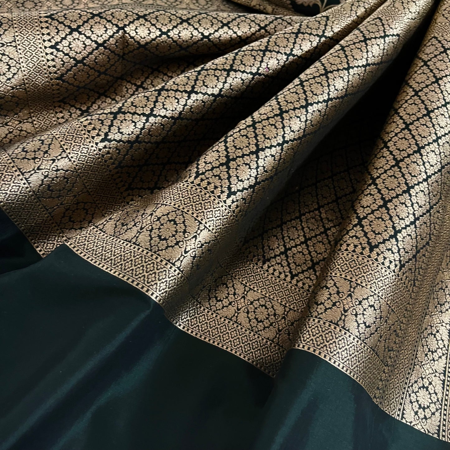 Black Banarasi katan silk saree with zari jaal work all over