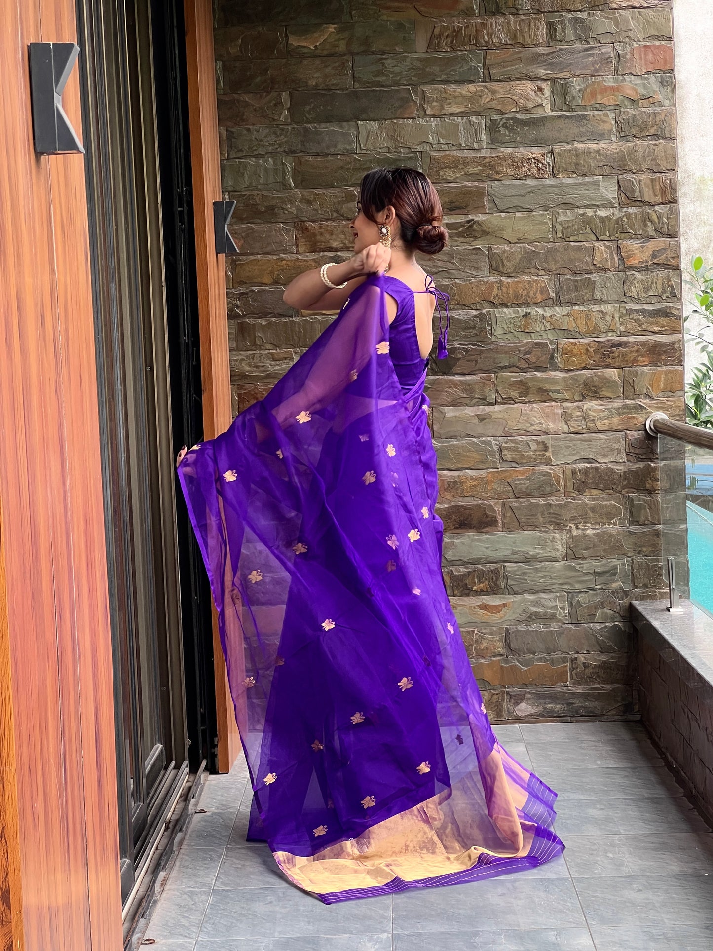 Dark purple chanderi organza silk saree with butterfly motifs all over