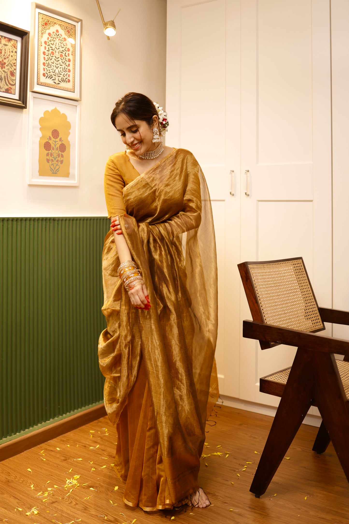 Mustard and gold maheshwari saree with zari border
