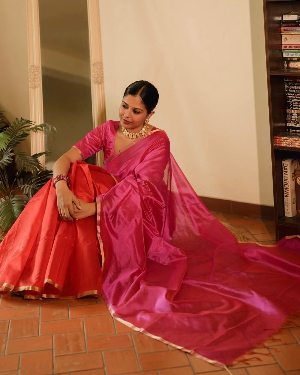 Chili Red and pink Chanderi silk saree with tassels on pallu