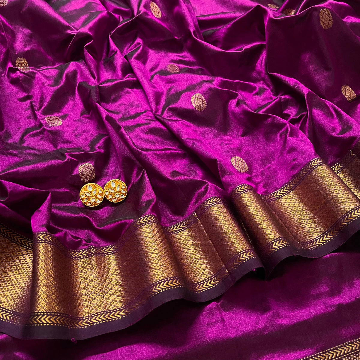 Magenta maheshwari silk saree with zari bootis all over