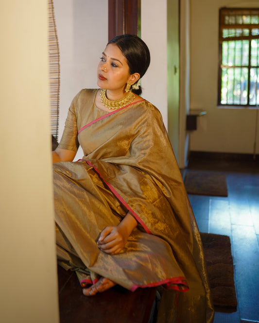 Antique gold & pink maheshwari tissue silk saree with zari lines on pallu