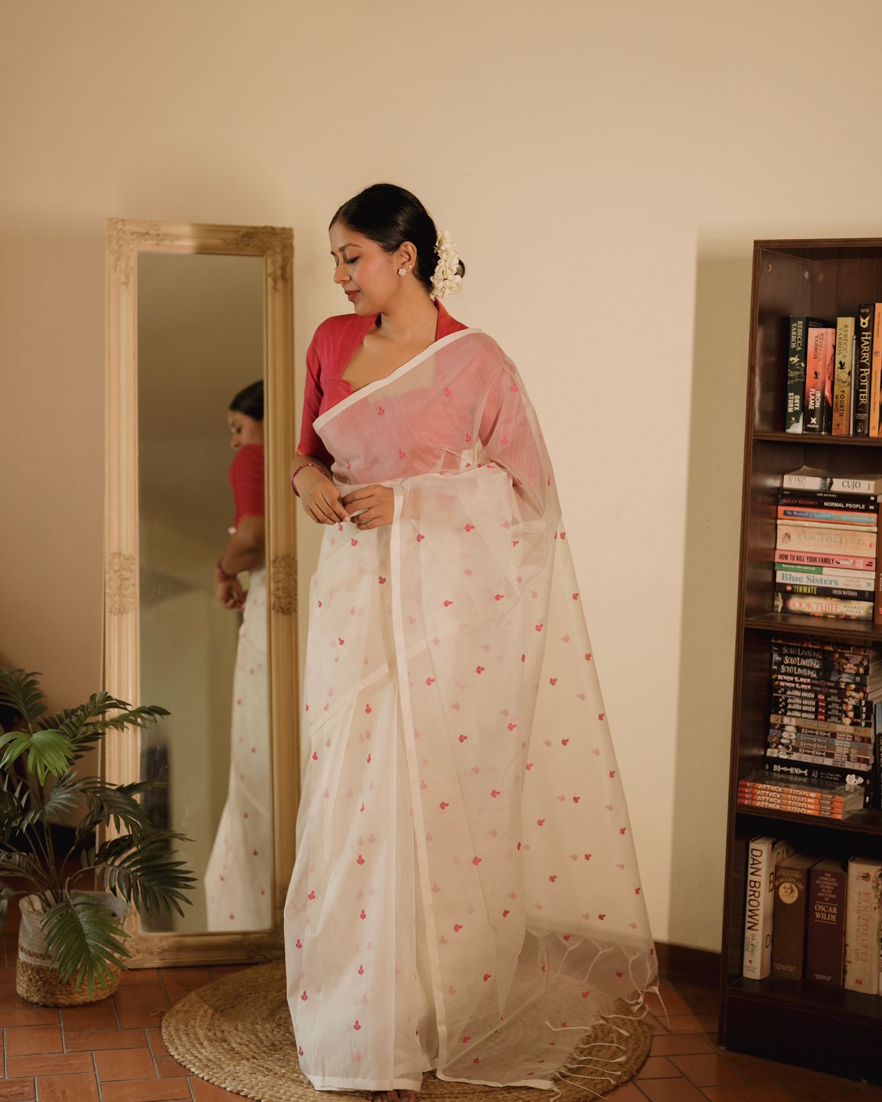 Off white and pink Chanderi silk saree with resham bootis all over