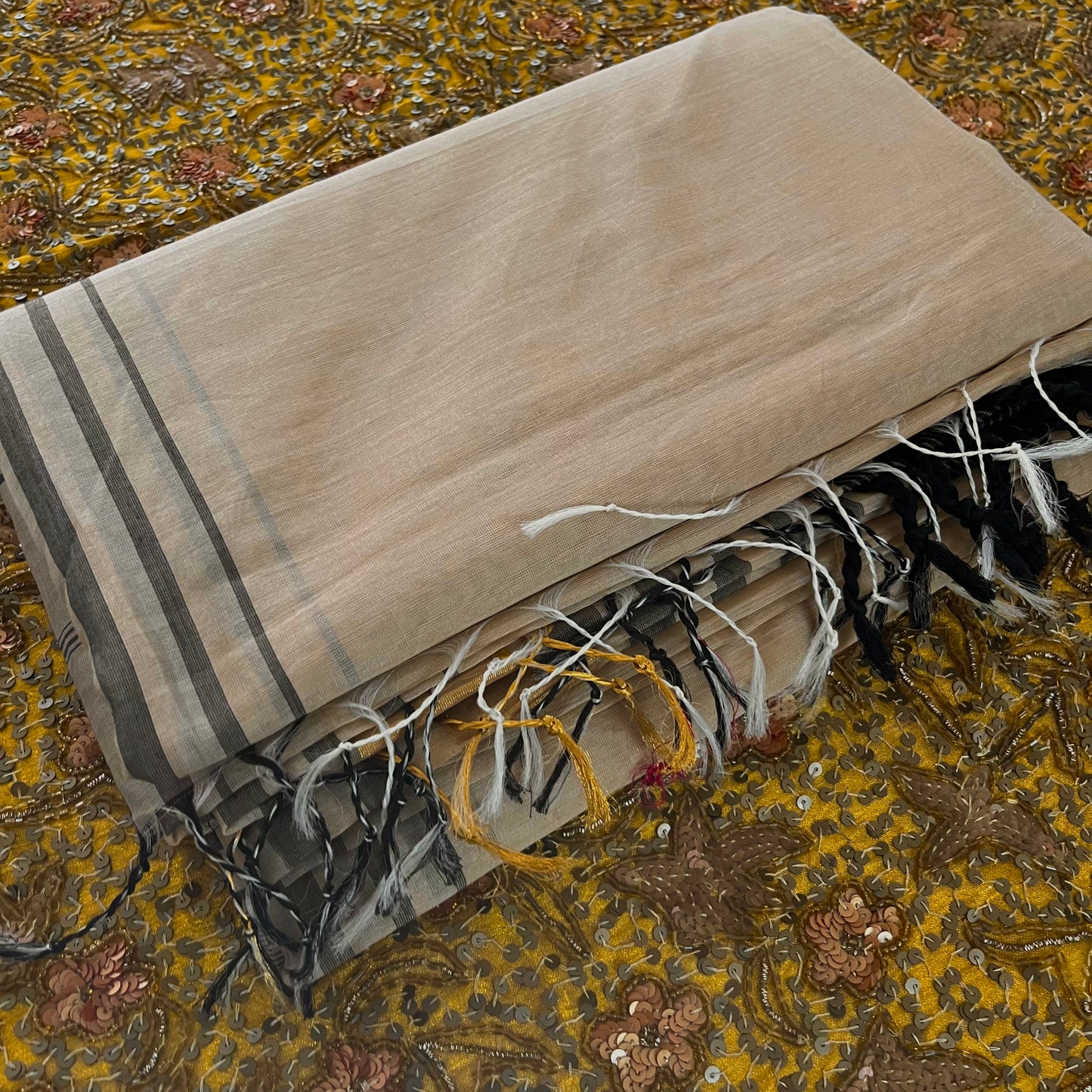 Beige and Black Maheshwari saree with resham border