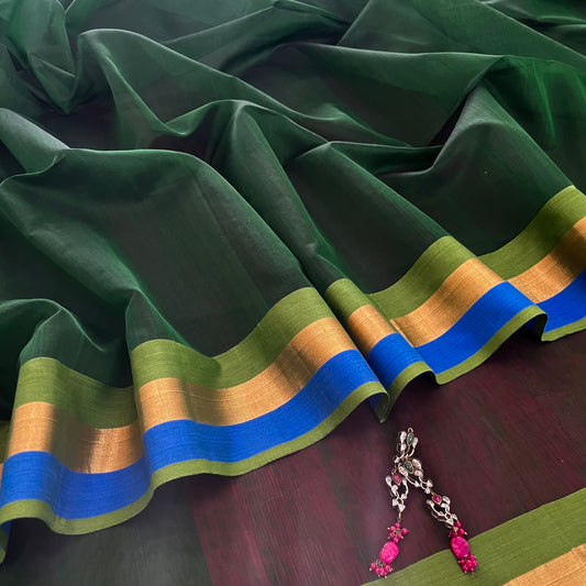 Green and pink Maheshwari saree with zari border