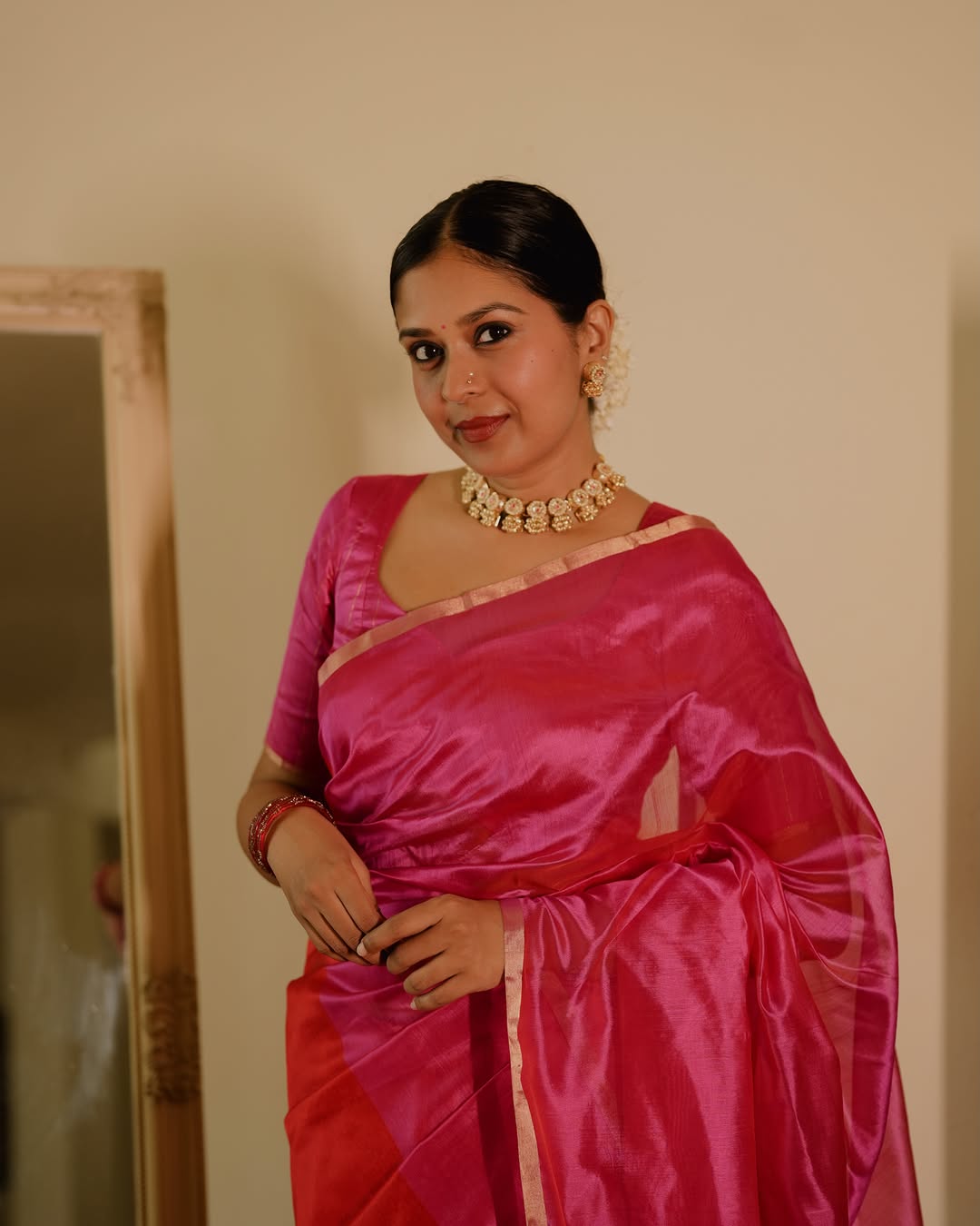Chili Red and pink Chanderi silk saree with tassels on pallu