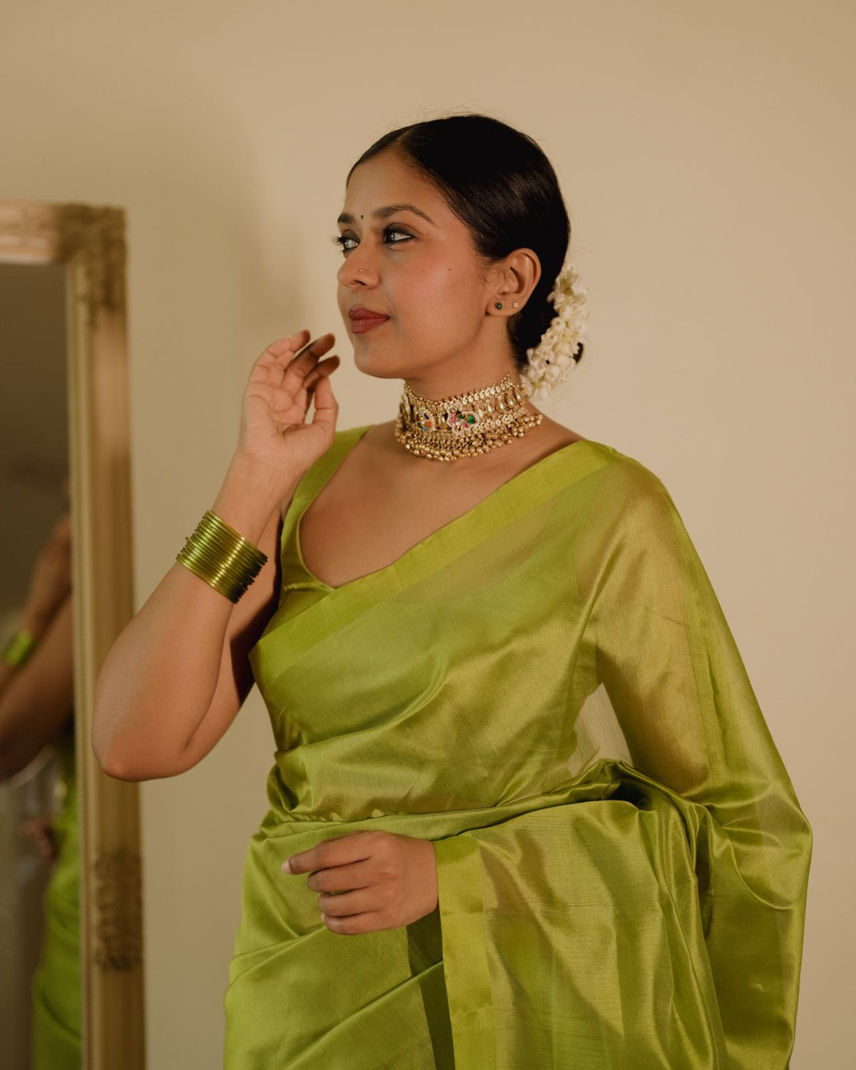 Olive green Chanderi silk saree with silk border