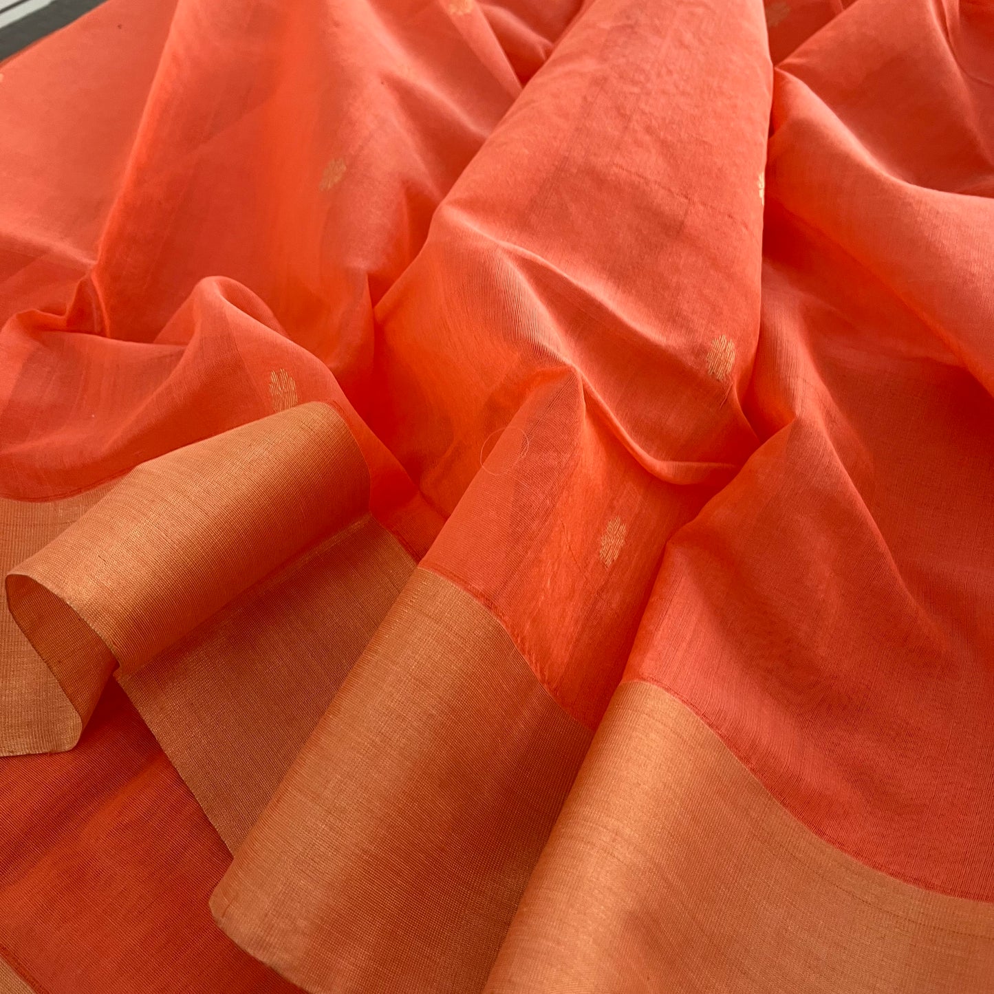 Peachish pink Chanderi saree with zari pattern on pallu
