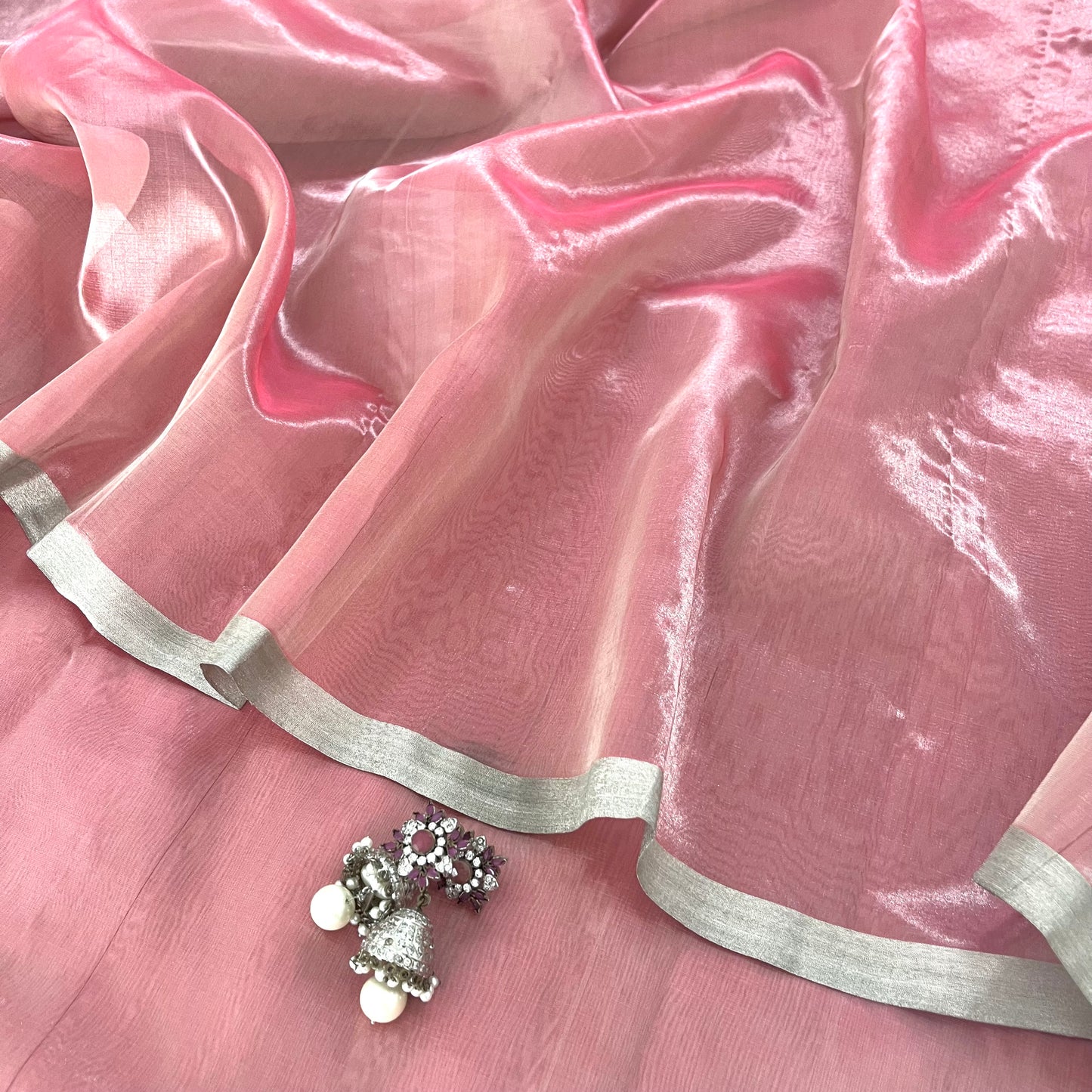 Flamingo pink Chanderi tissue silk saree