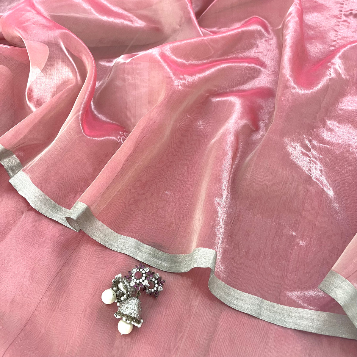 Flamingo pink Chanderi tissue silk saree
