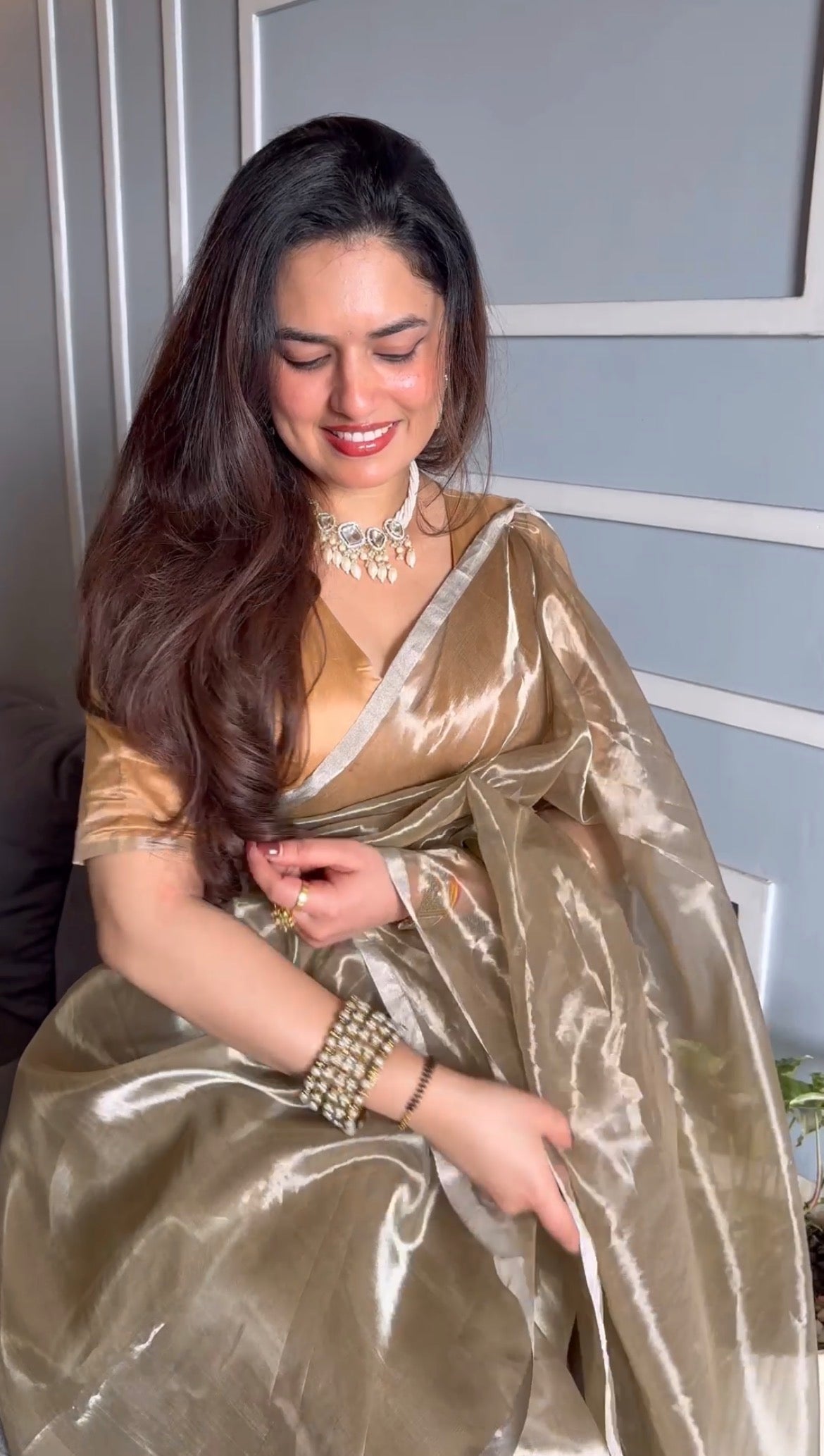 Champagne Chanderi tissue silk saree with silver zari border