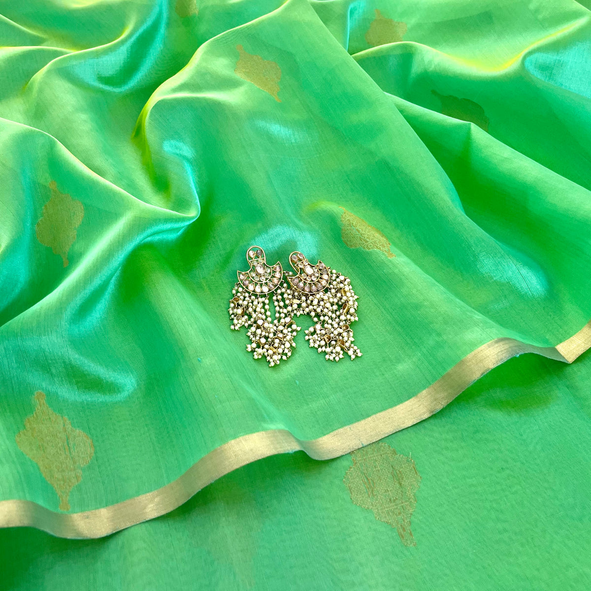 Sea Green Dual Tone Chanderi Silk Saree with Jhoomar Motifs all over