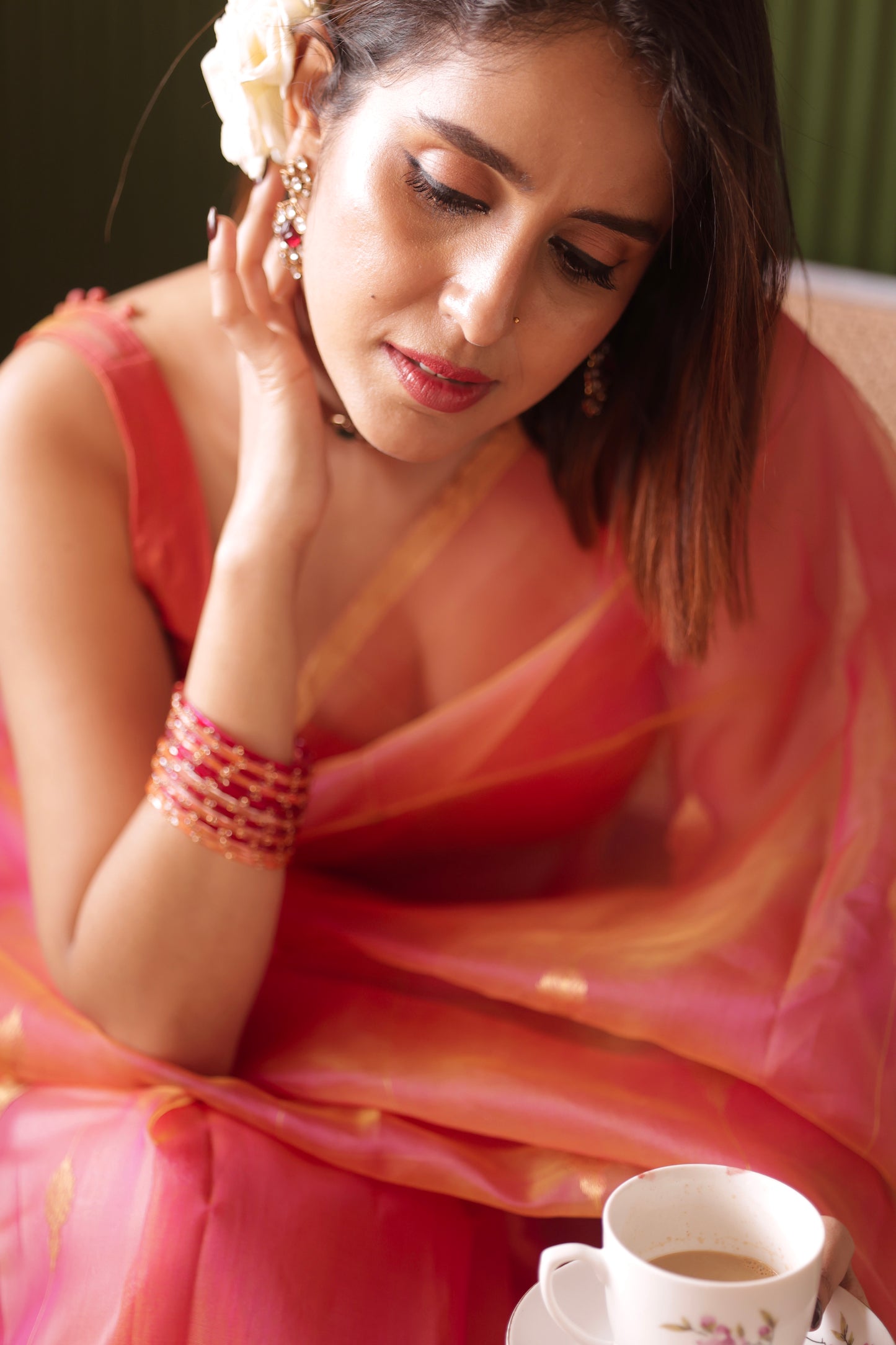 Coral pink dual tone Chanderi organza silk saree with jhumka motifs all over