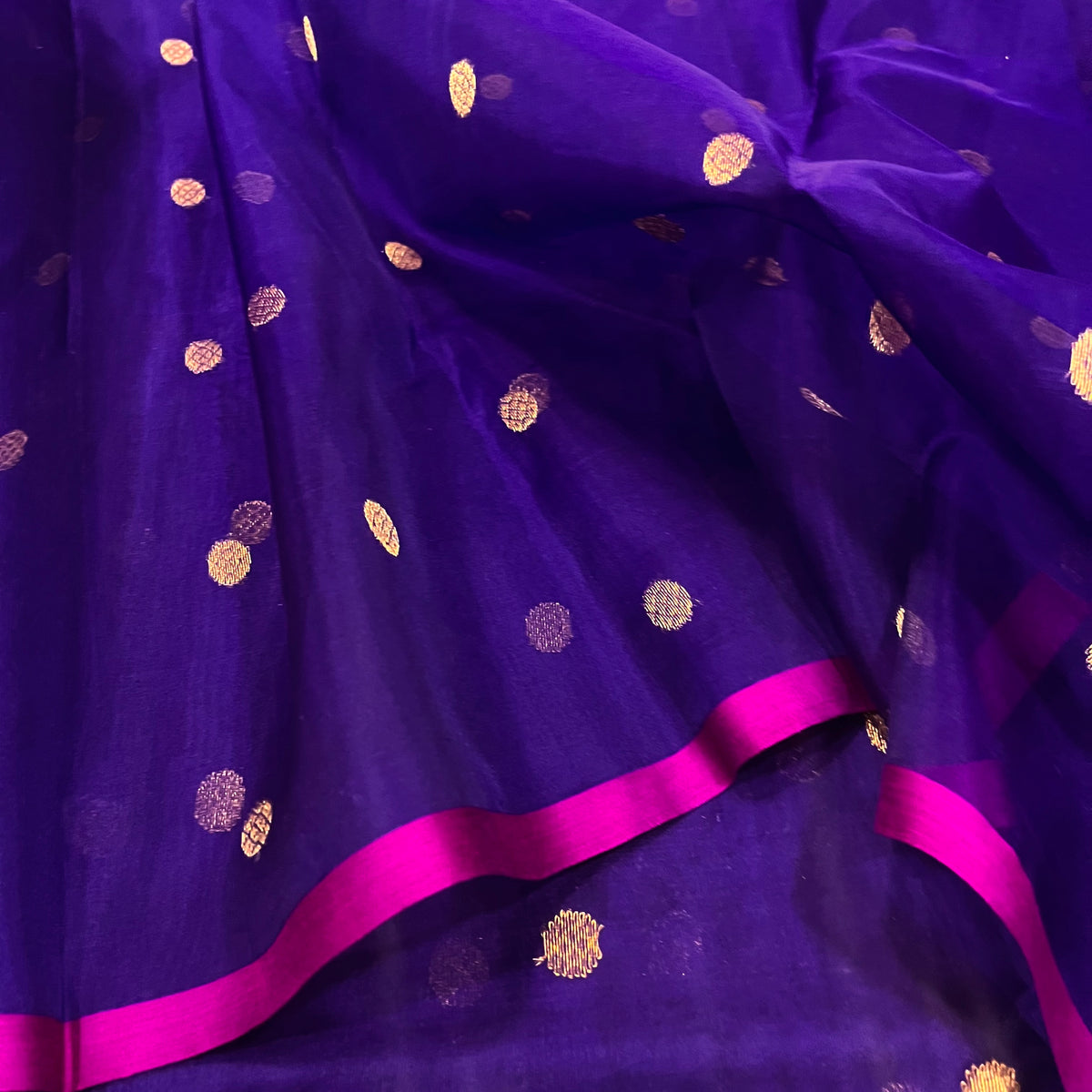 Ready to wear | Dark Purple & Pink Chanderi Organza Silk Saree with Zari Bootis all over