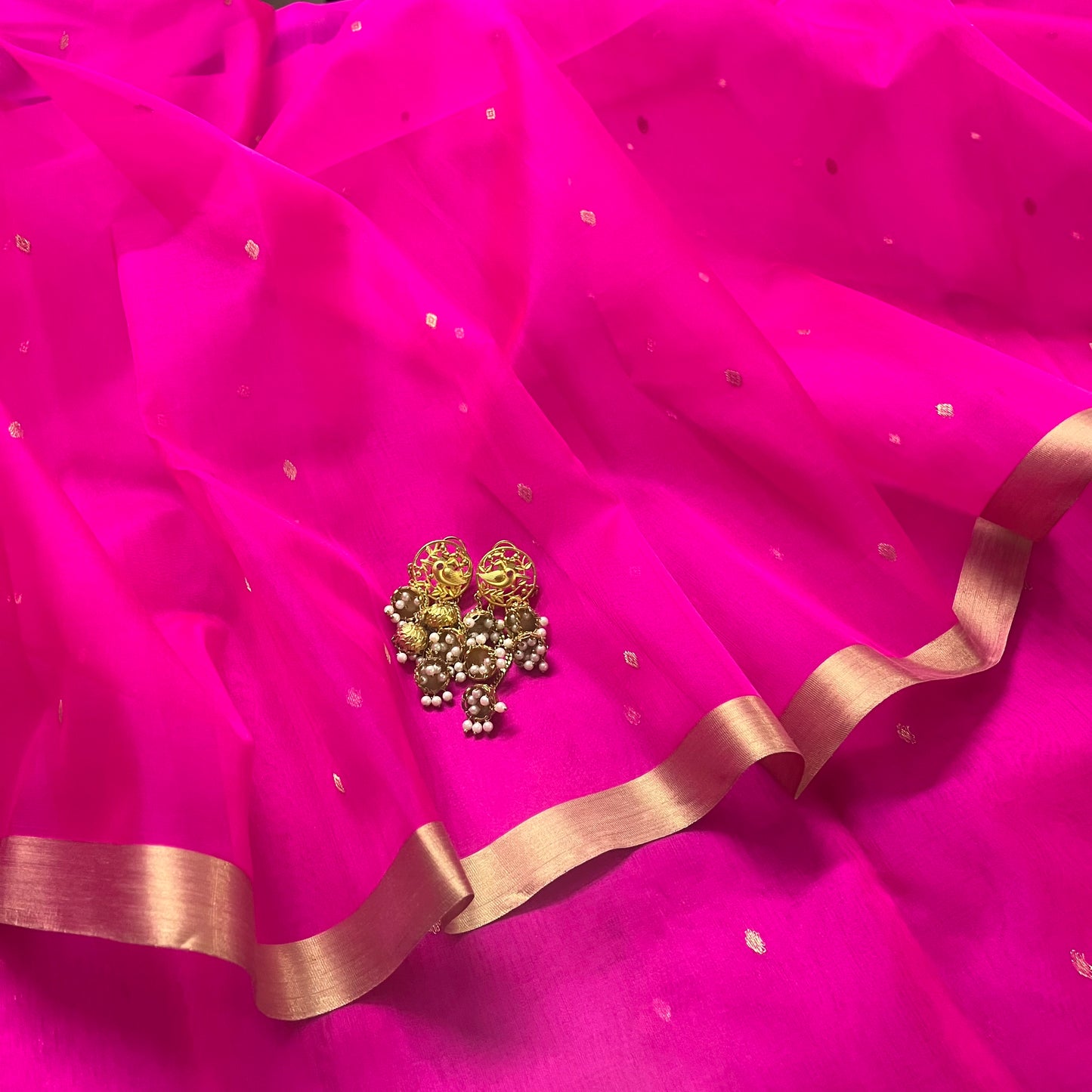 Fuschia pink Chanderi silk saree with zari bootis all over