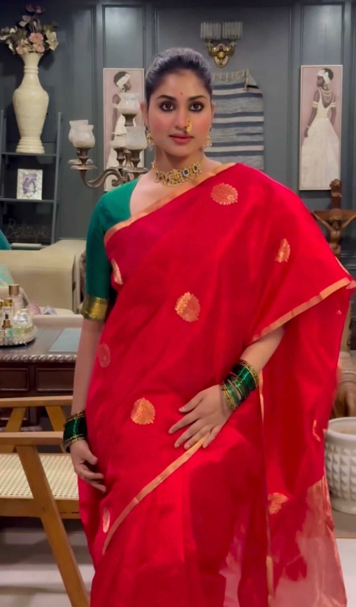 Red Chanderi Silk Saree with Mor Motifs all over