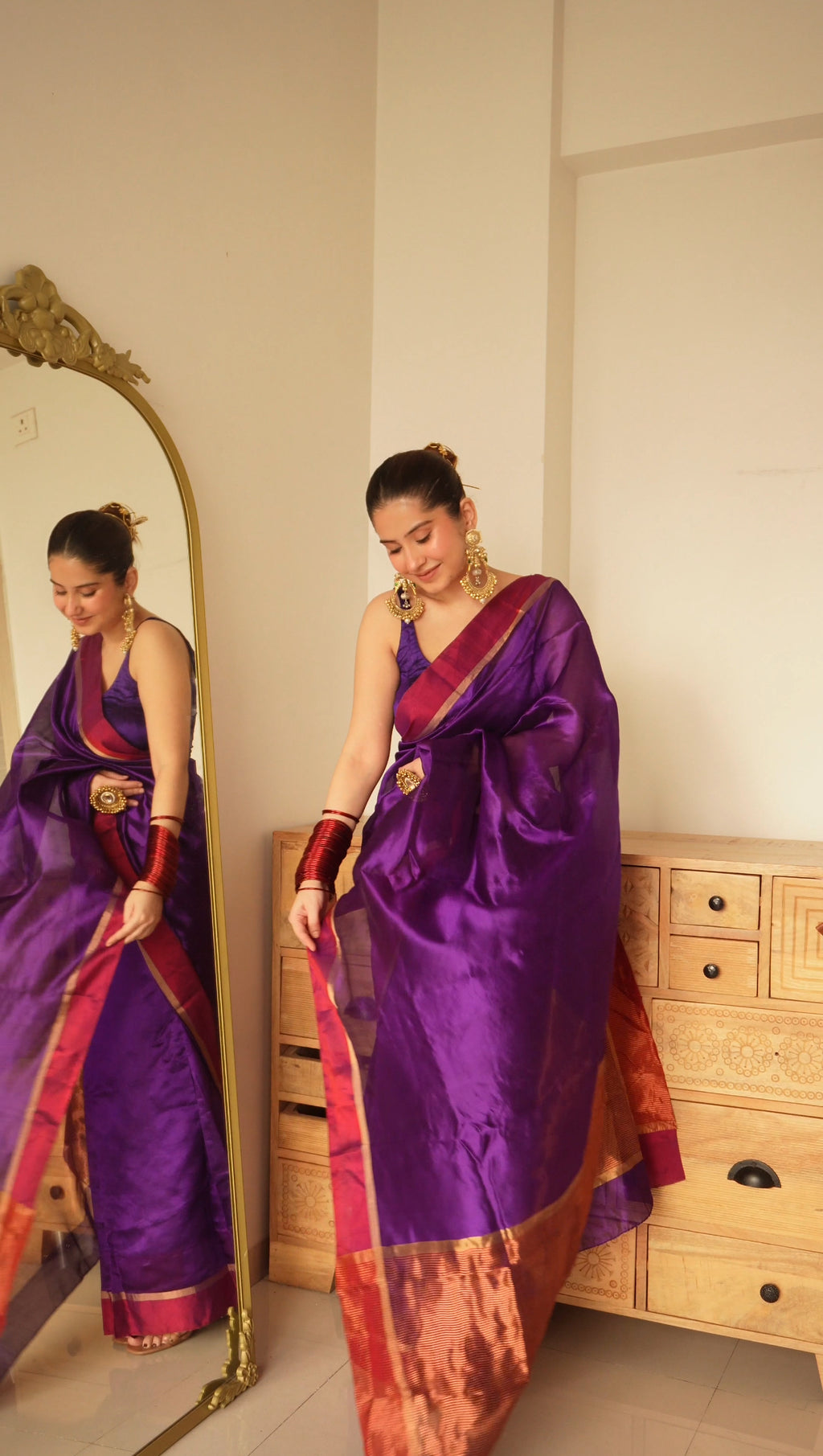Ready to wear | Dark Purple Plum Chanderi silk saree with zari lines on pallu
