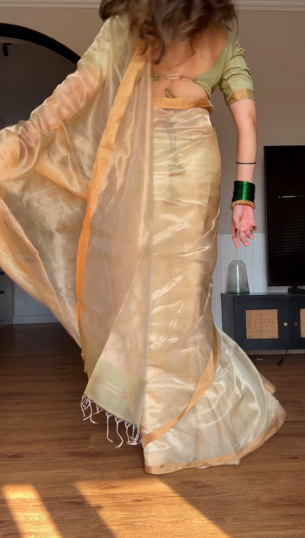 Olive Gold Maheshwari Saree with Zari lines all over