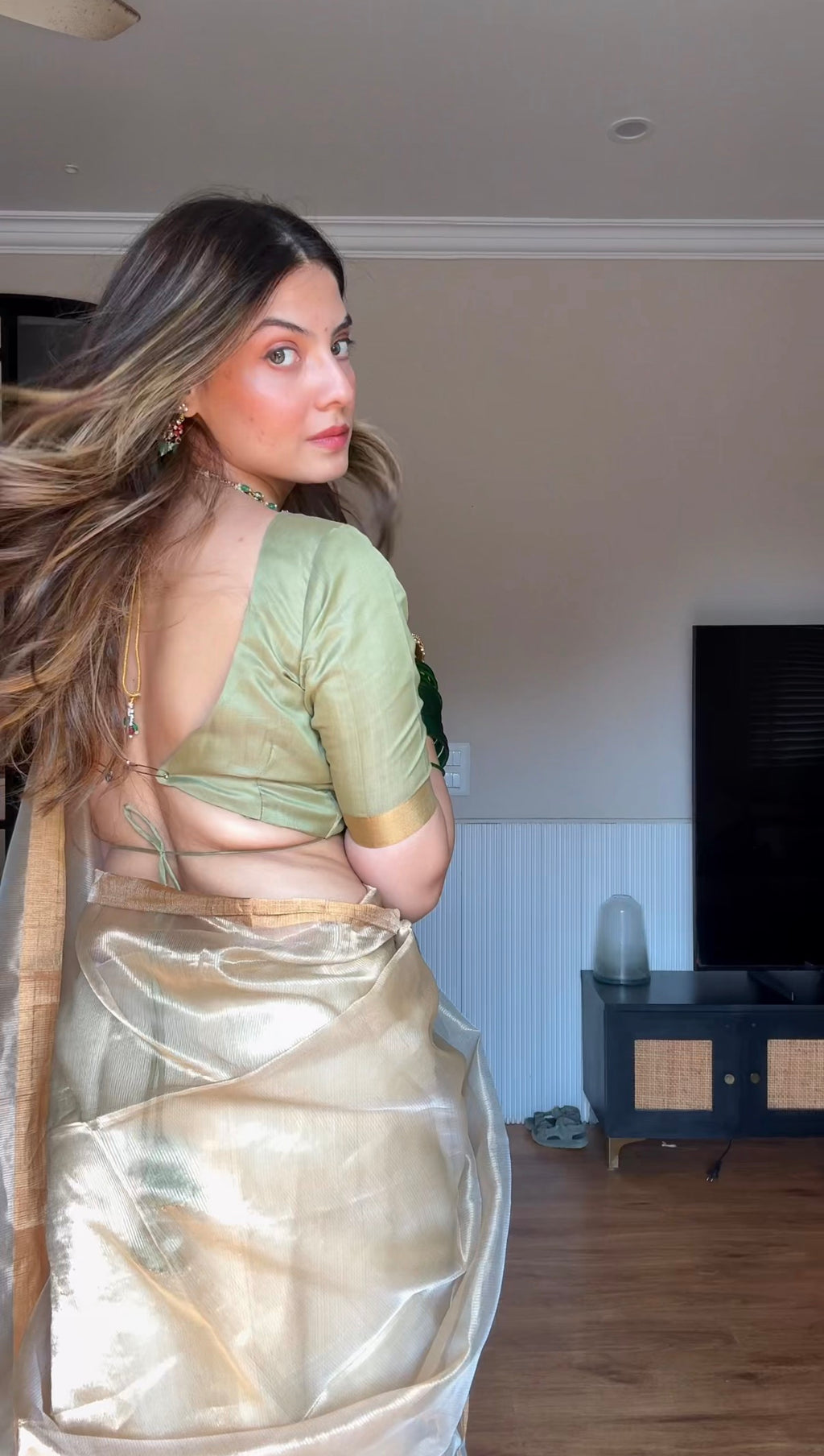 Olive Gold Maheshwari Saree with Zari lines all over