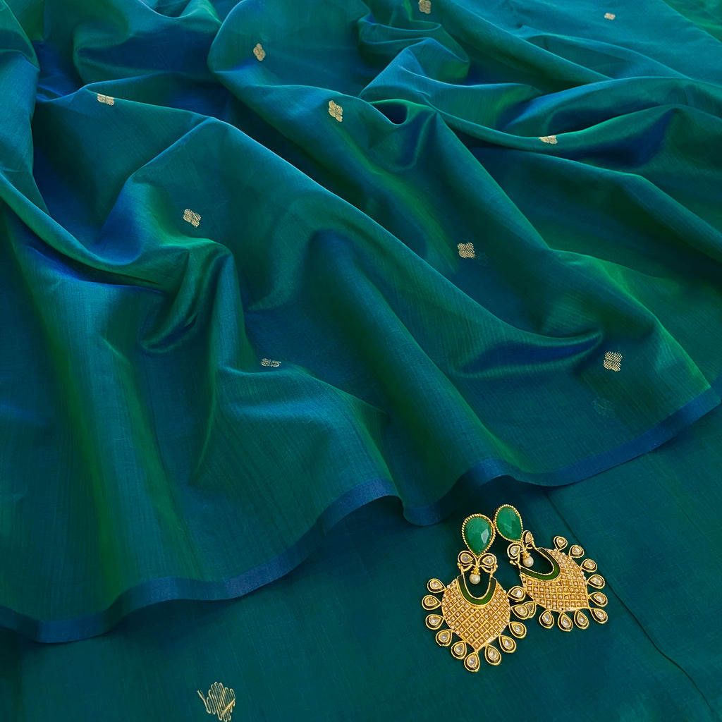 Ready to wear | Peacock Green & Blue Dual Tone Maheshwari Saree with Zari Bootis all over