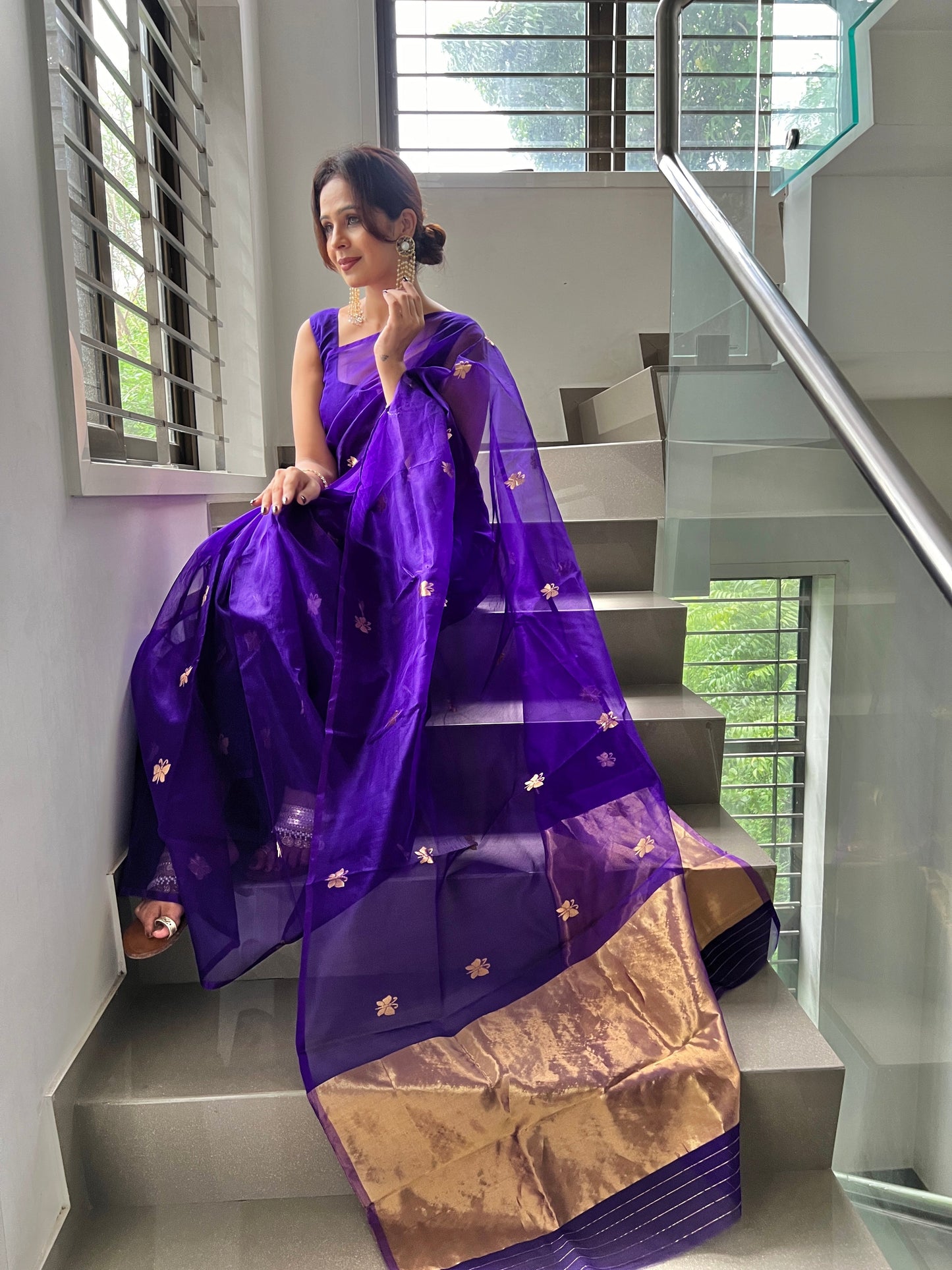 Dark purple chanderi organza silk saree with butterfly motifs all over
