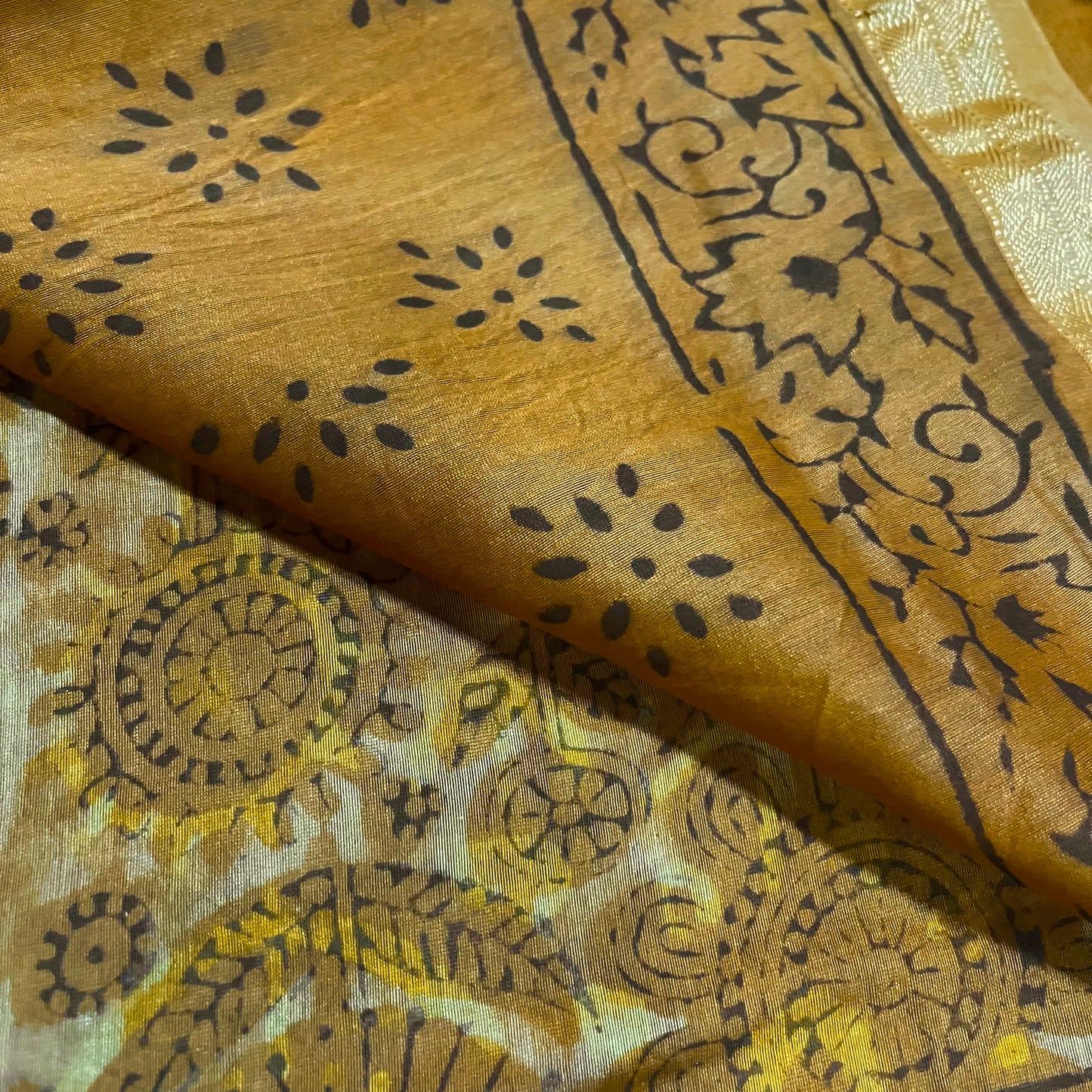 Mustard Maheshwari saree with ajrakh print all over