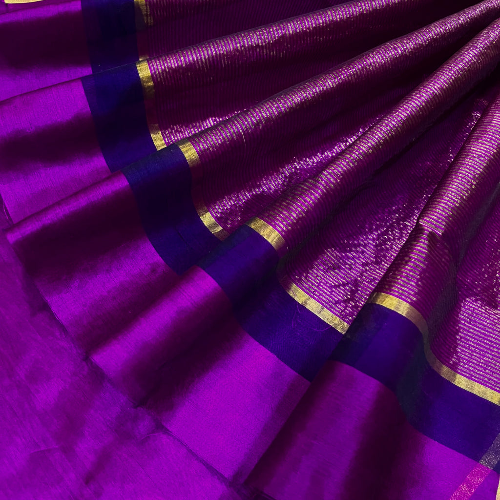 Plum & Blue Chanderi silk saree with zari lines on pallu