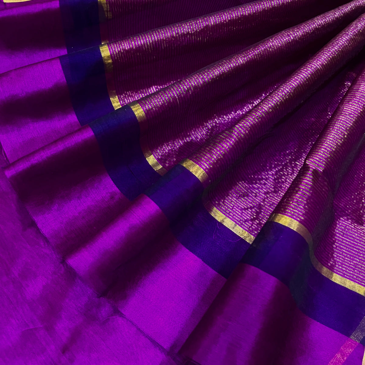 Plum & Blue Chanderi silk saree with zari lines on pallu