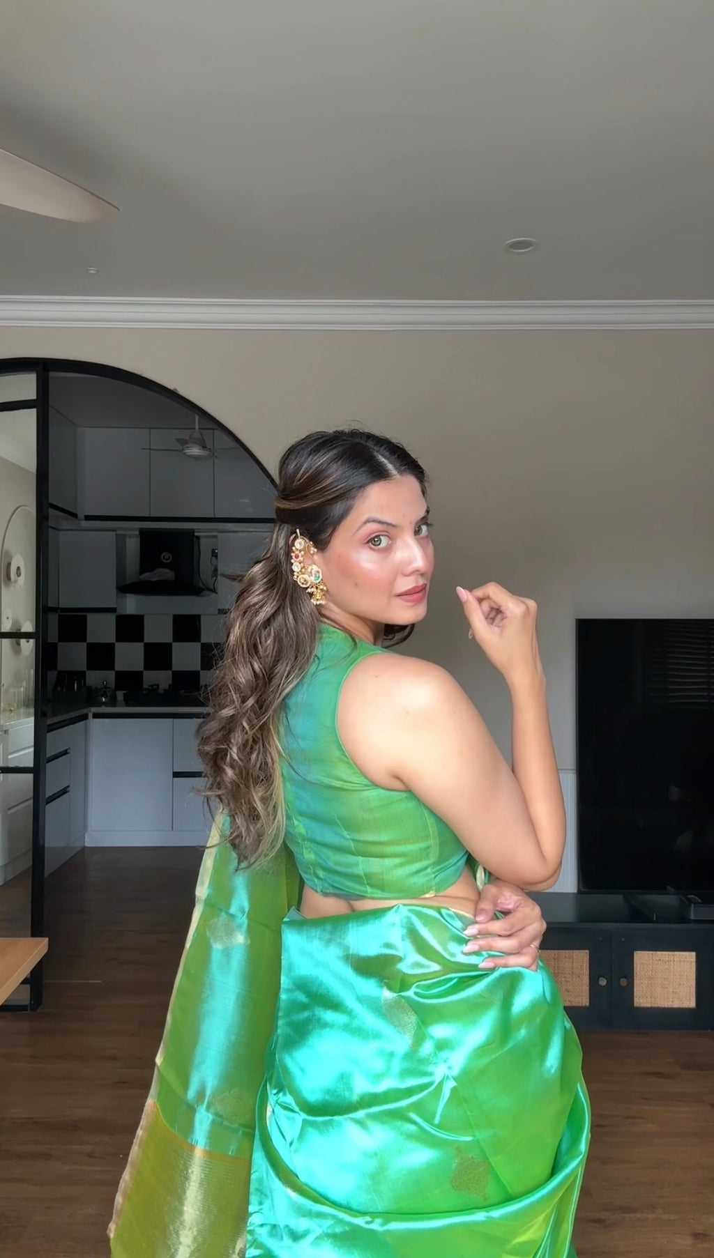 Ready to wear | Sea Green Dual Tone Chanderi Silk Saree with Jhoomar Motifs all over