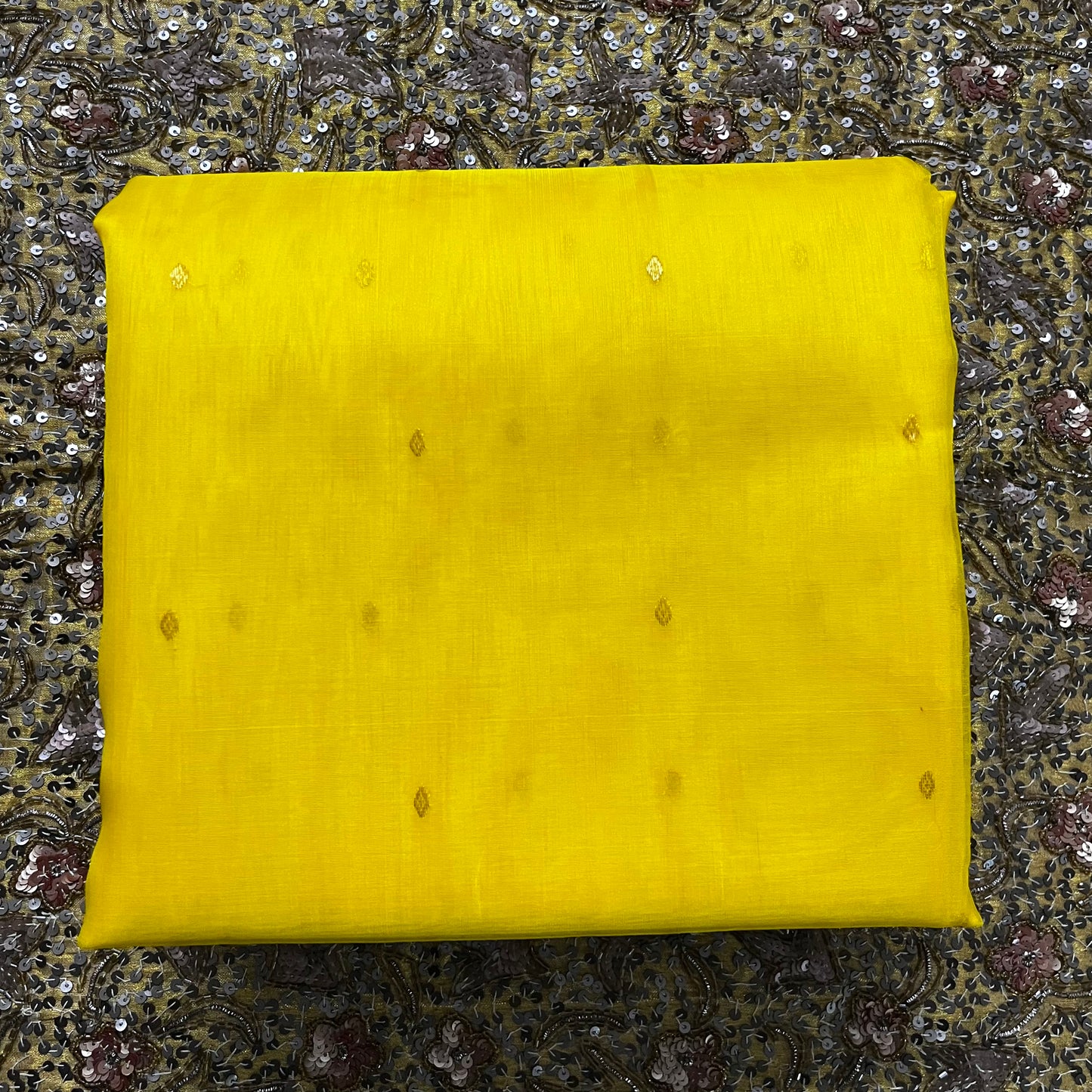 Corn yellow Chanderi silk saree with zari bootis all over