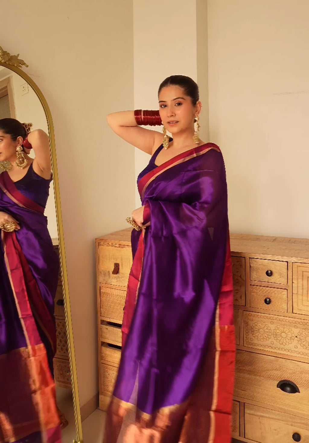 Ready to wear | Dark Purple Plum Chanderi silk saree with zari lines on pallu