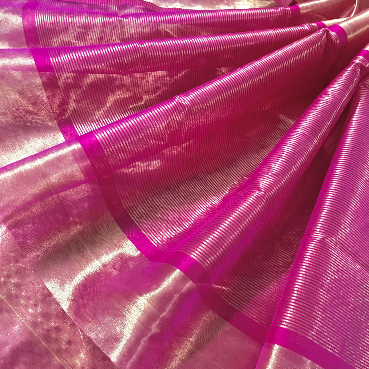 Pink and gold chanderi tissue silk saree