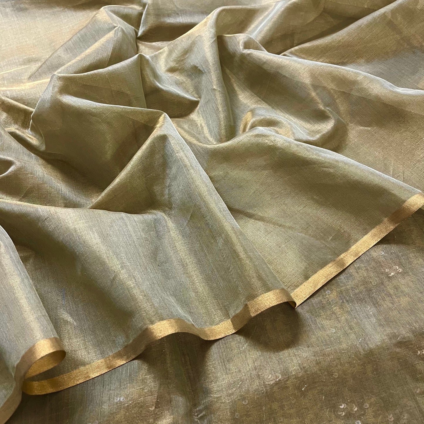 Olive Gold Maheshwari Tissue Silk Suit with Zari Lines on Dupatta