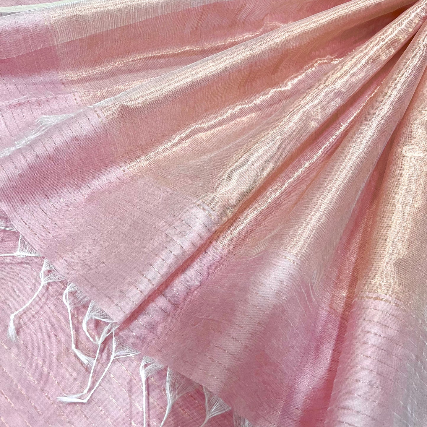 Pastel Pink Maheshwari saree with zari lines all over