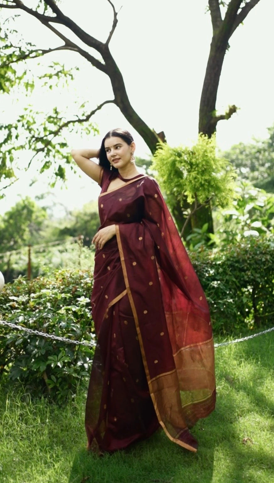 Mahogany Chanderi silk saree with flower bootis all over