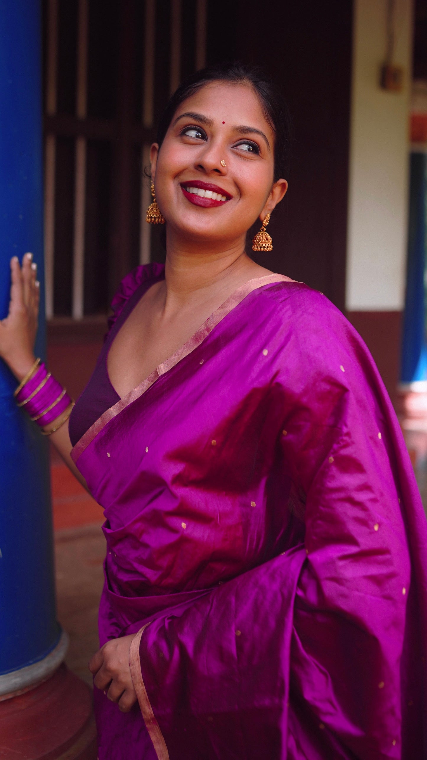 Wine chanderi silk saree with zari bootis all over