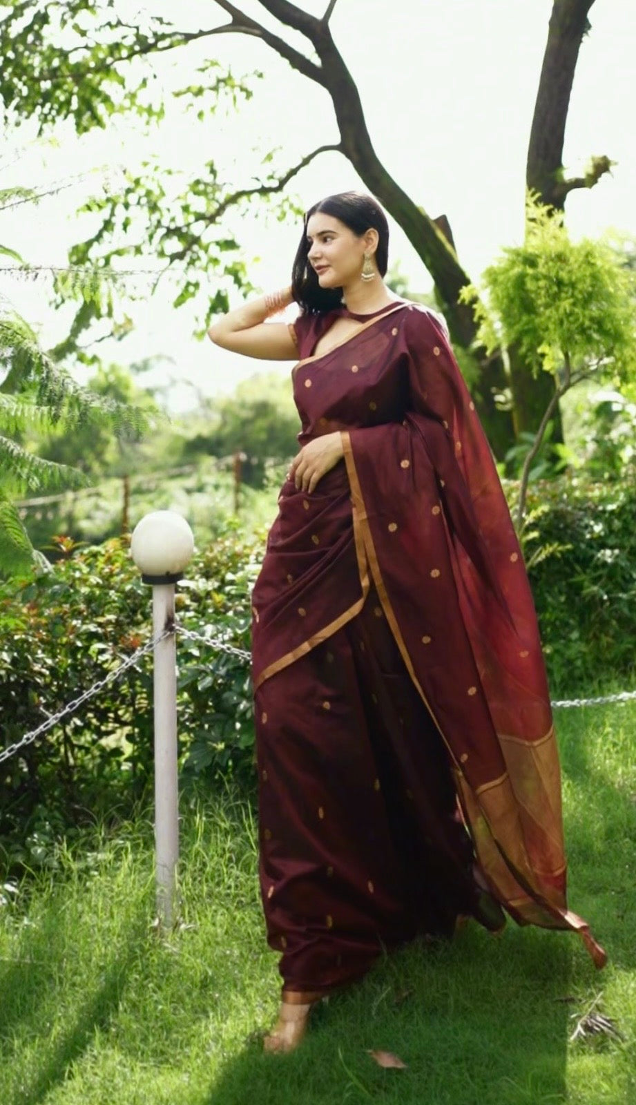 Mahogany Chanderi silk saree with flower bootis all over