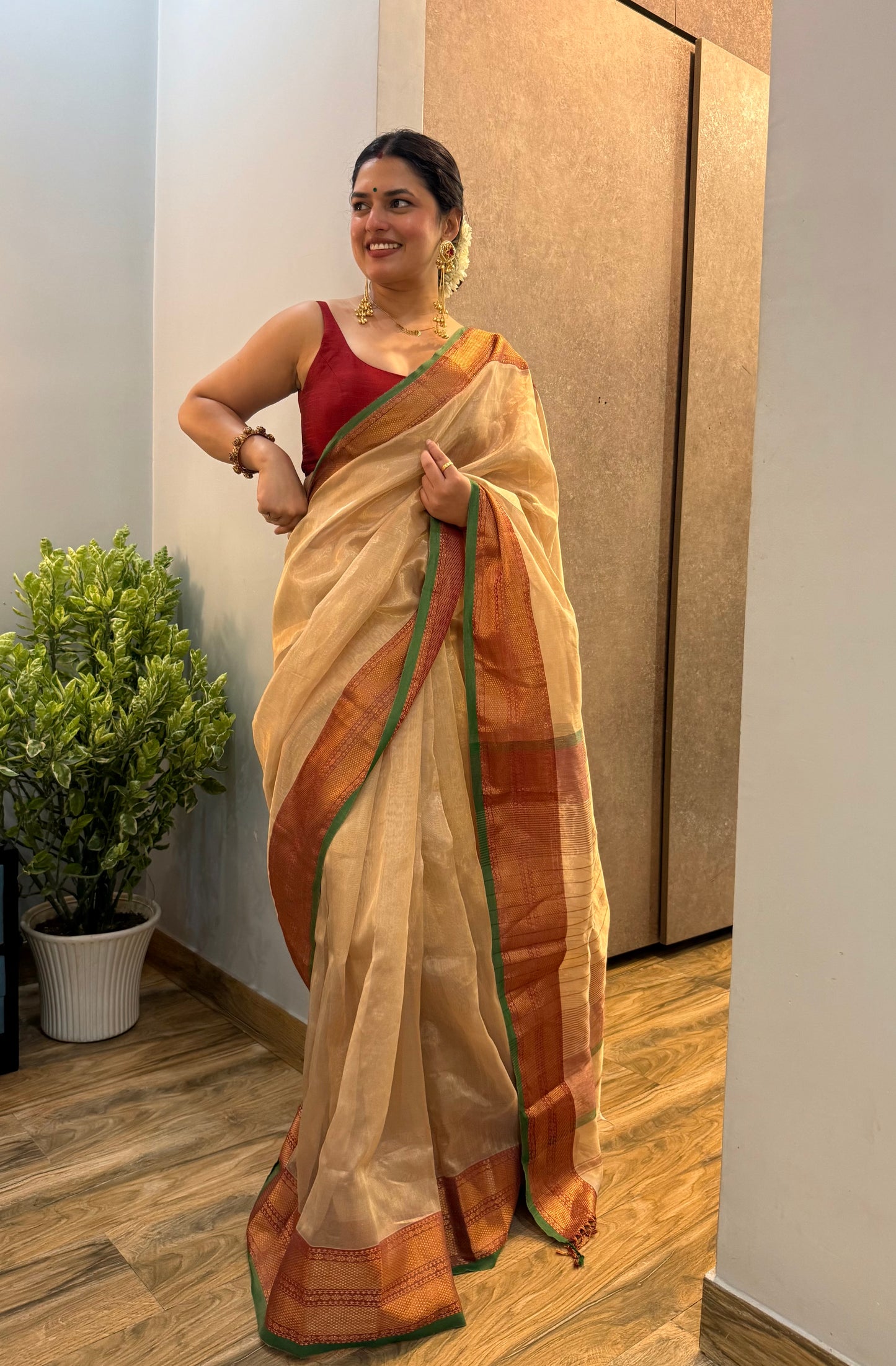 Gold Red & Green Maheshwari tissue saree with zari pattern on pallu
