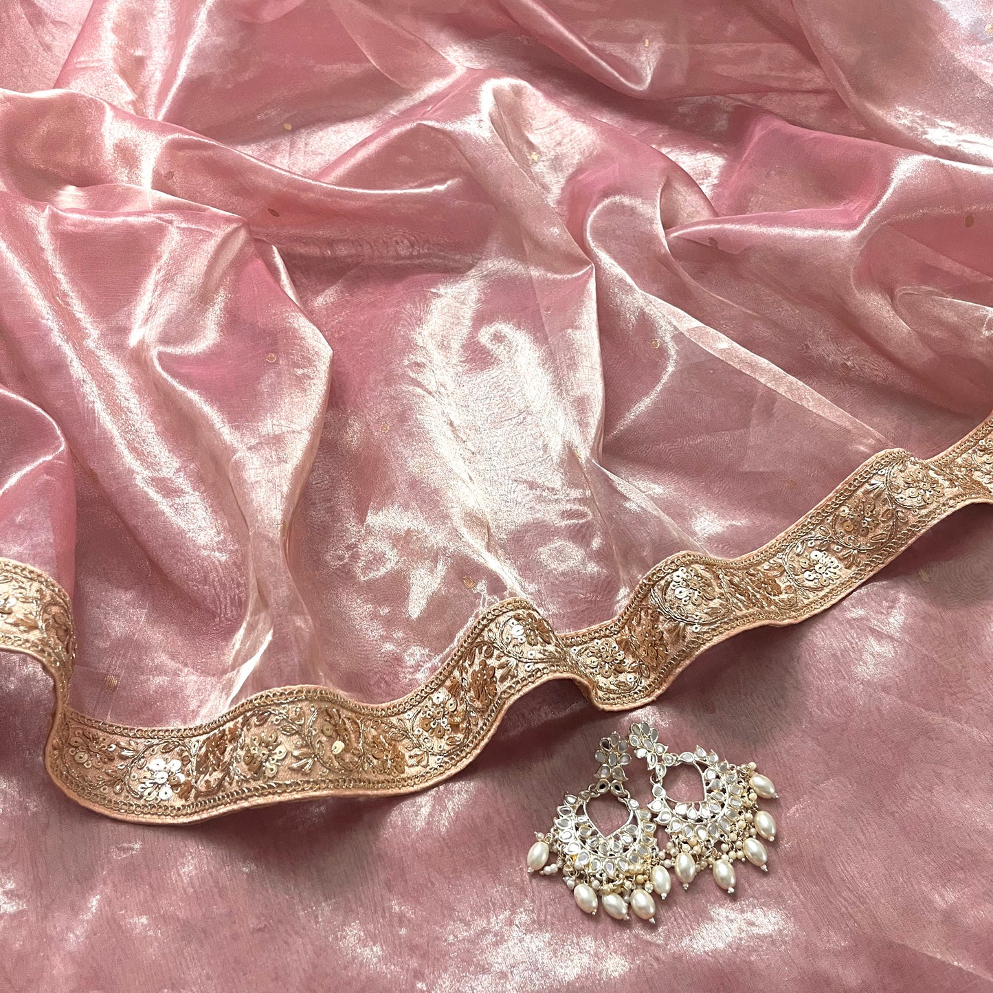 Flamingo pink Chanderi tissue silk saree with zari bootis all over