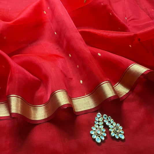 Red Chanderi silk saree with zari motifs on pallu