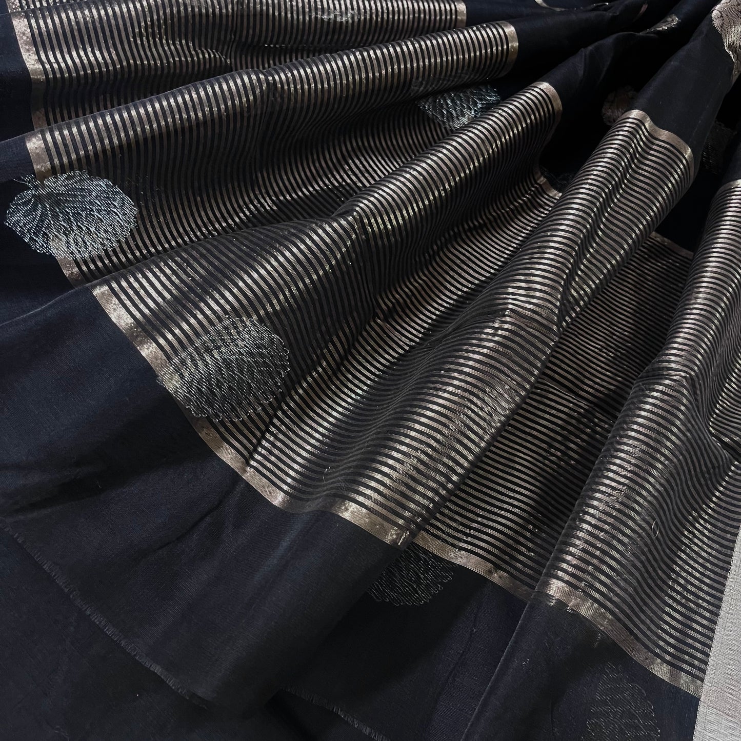 Black Chanderi saree with silver tree motifs all over