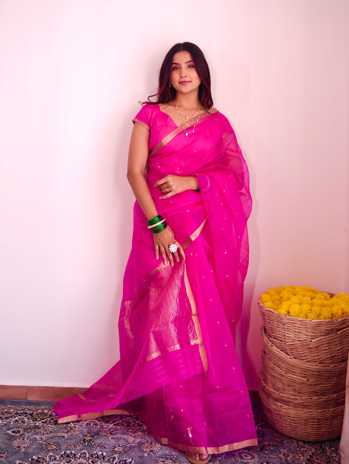 Fuschia pink Chanderi silk saree with zari bootis all over