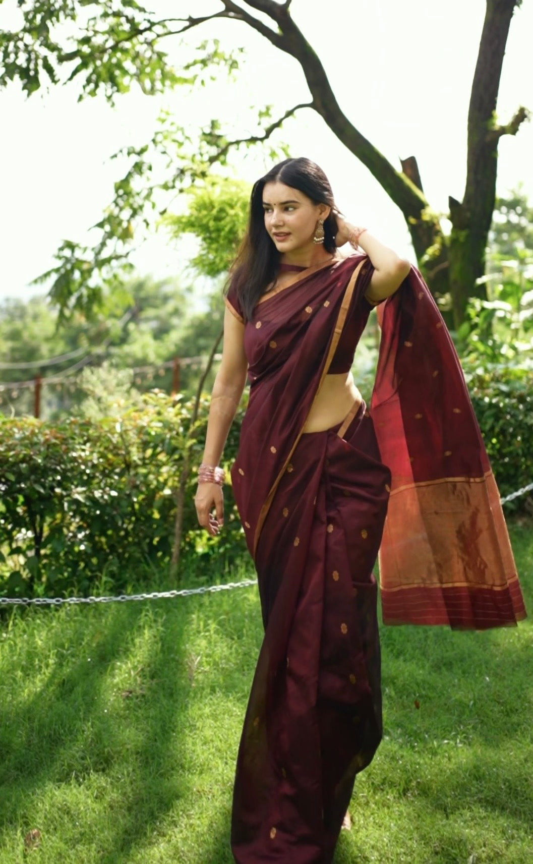 Mahogany Chanderi silk saree with flower bootis all over