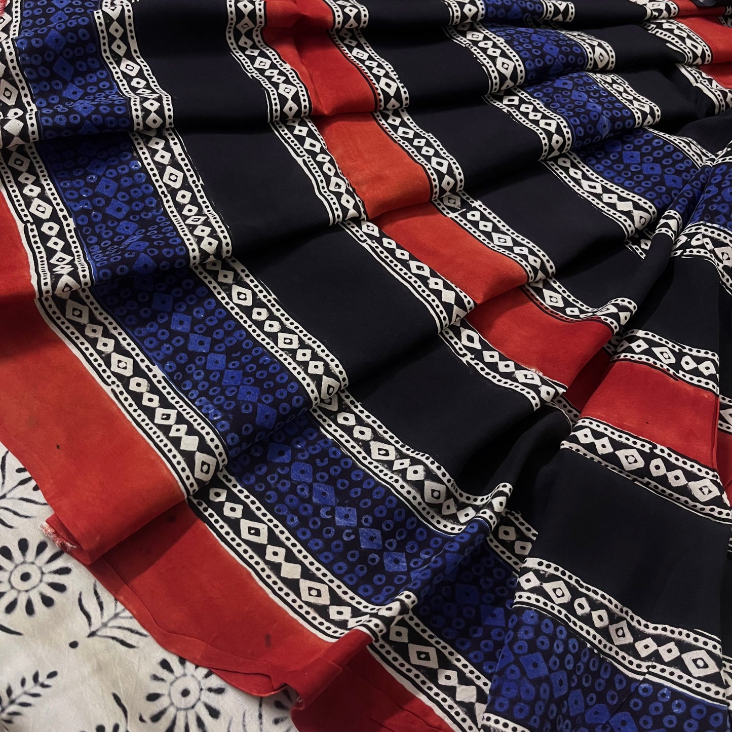 White and black silk saree with block print all over