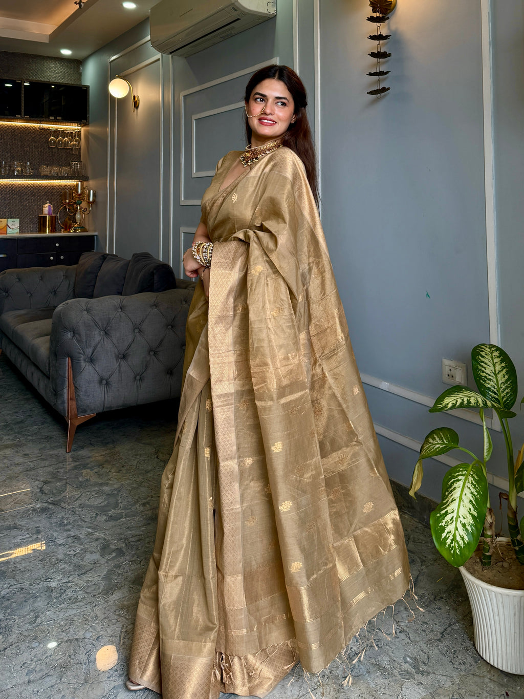 Antique gold maheshwari tissue silk saree with flower motifs all over