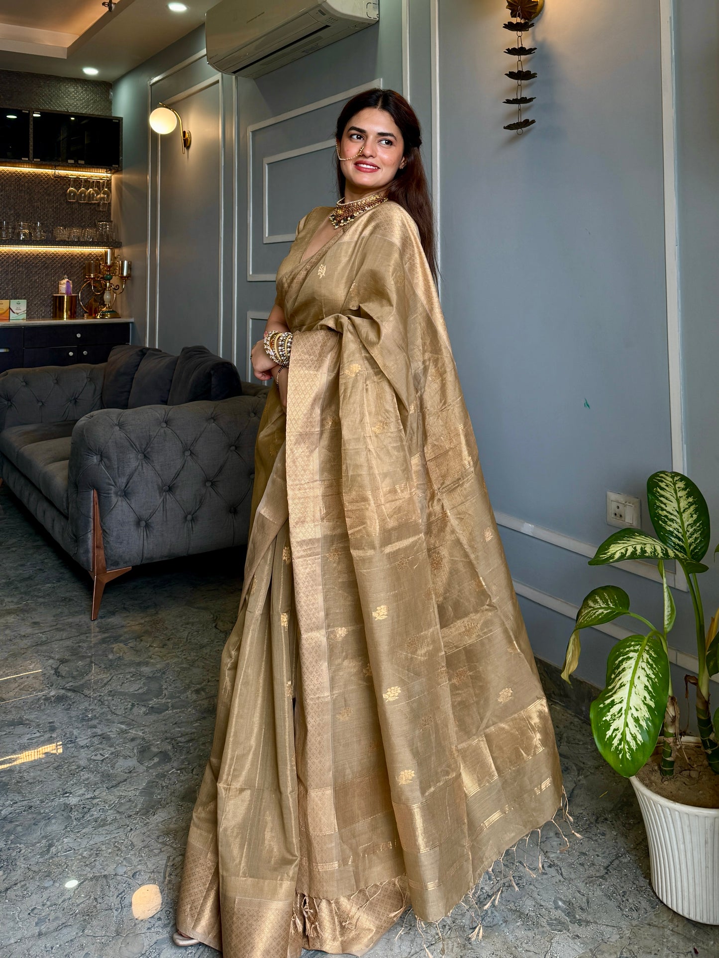 Antique gold maheshwari tissue silk saree with flower motifs all over