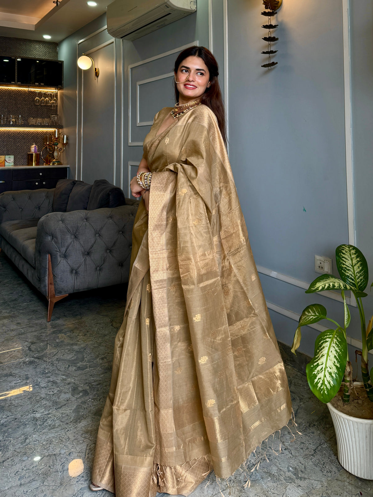 Antique gold maheshwari tissue silk saree with flower motifs all over
