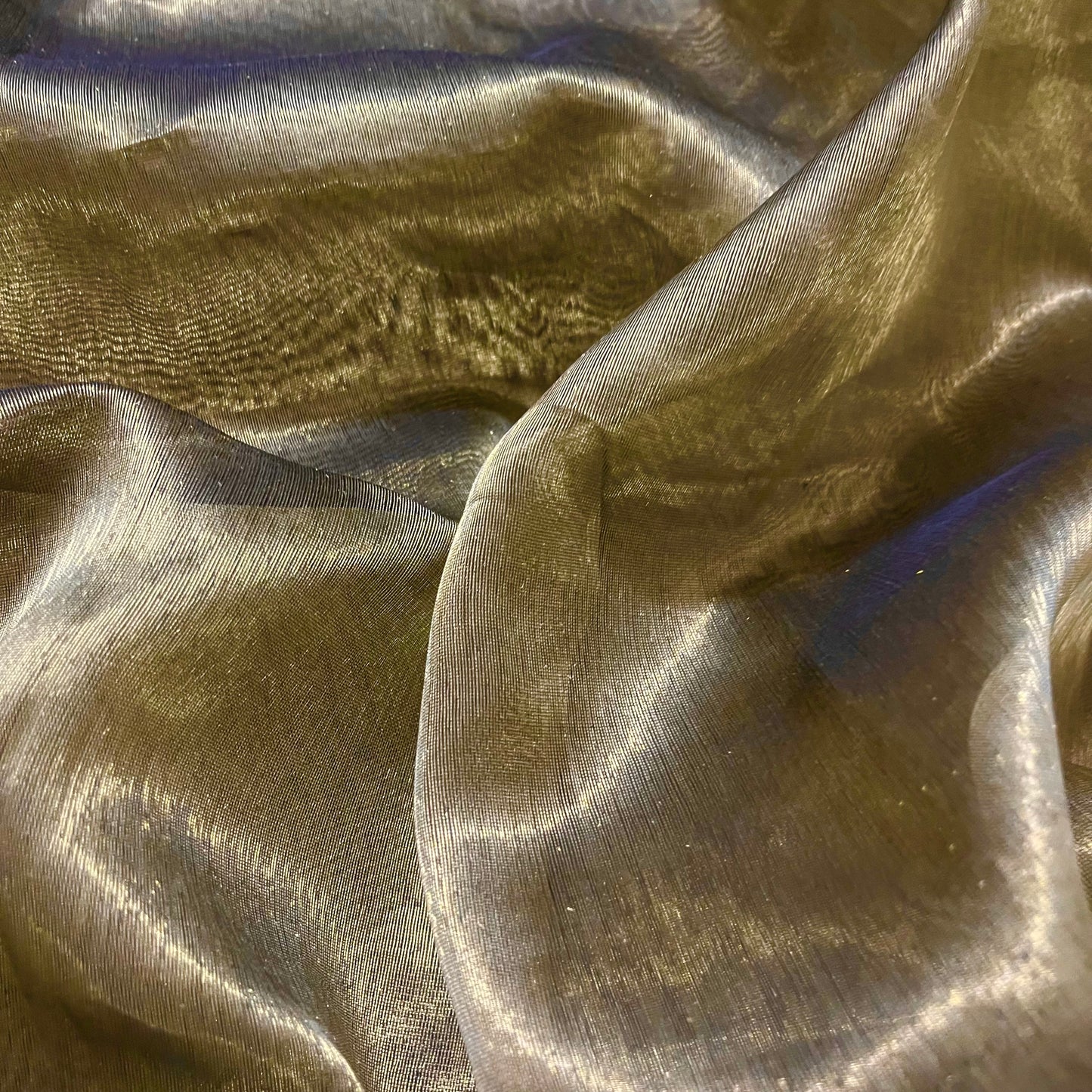 Antique gold and red Maheshwari tissue silk saree with zari pattern on pallu