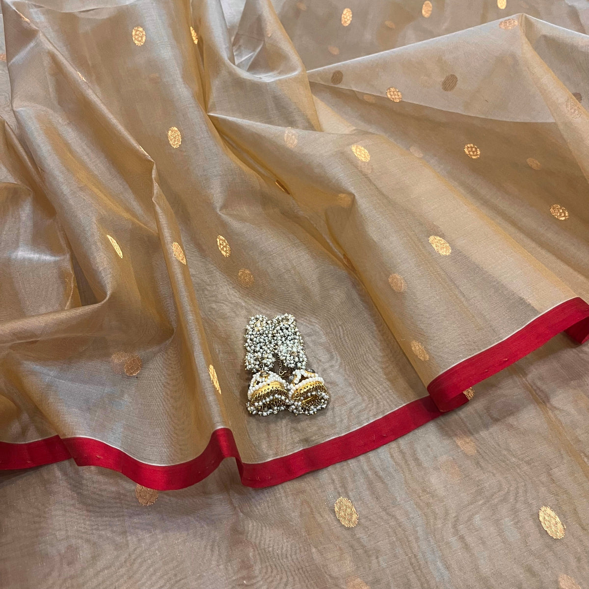 Beige gold and red Chanderi silk saree with zari bootis all over