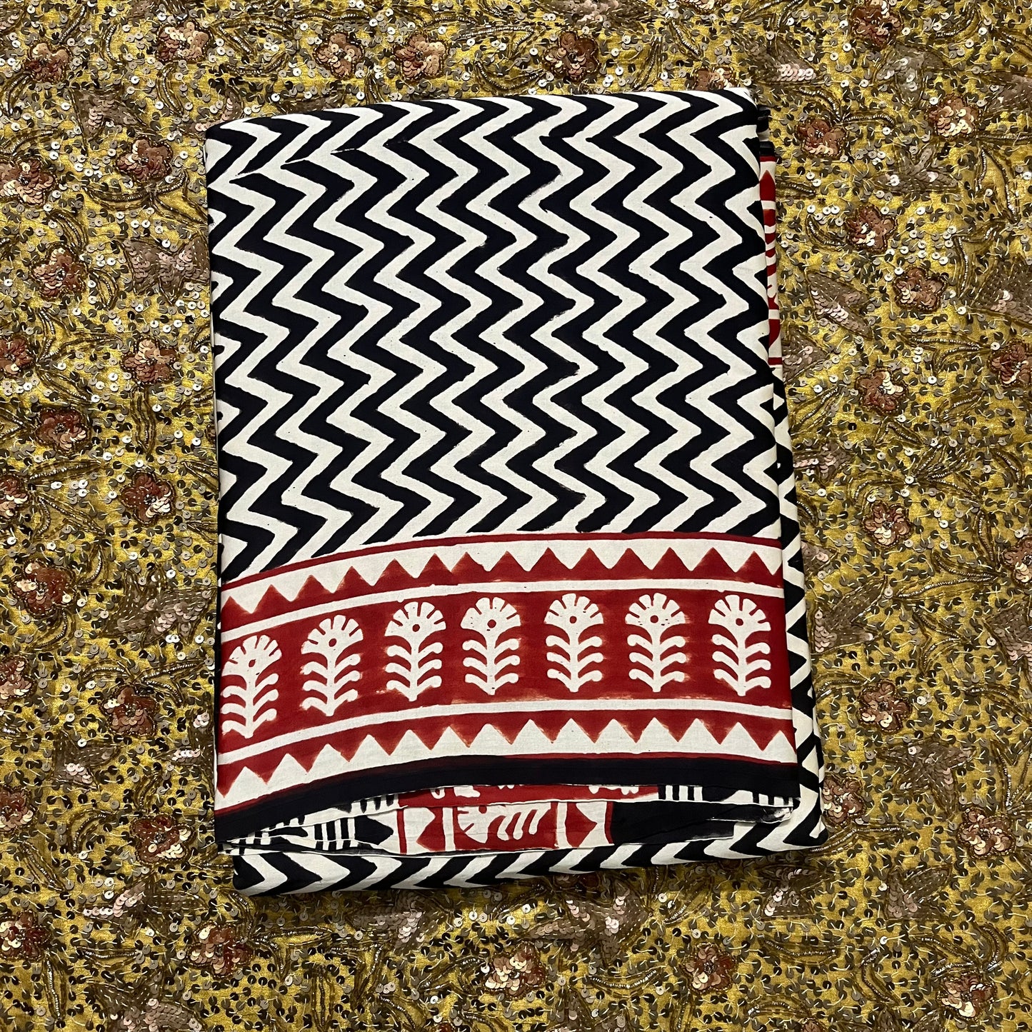 Black and white saree with block print all over